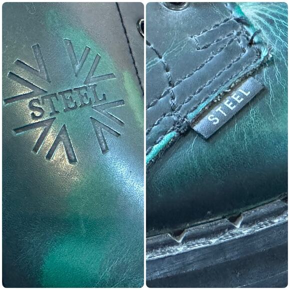 STEEL Toe Distressed Green Leather Combat Boots Triple Stitch 10 Eyelets Size 7 - Picture 7 of 7